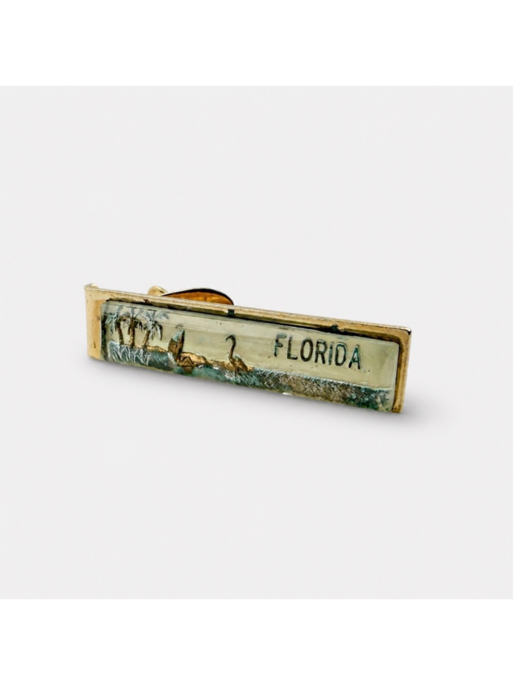 Vintage Florida Souvenir Tie Bar, Mid Century Scenic Tie Clip, Palm Tree Pelican